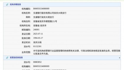 交通银行股份有限公司安庆大观支行换发金融许可证，发证日期2025年7月11日