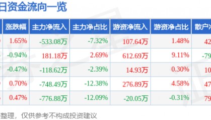 股票行情快报：海欣食品（002702）10月10日主力资金净卖出533.08万元