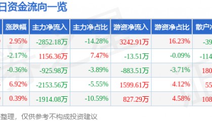 股票行情快报：华侨城Ａ（000069）2月9日主力资金净卖出2852.18万元