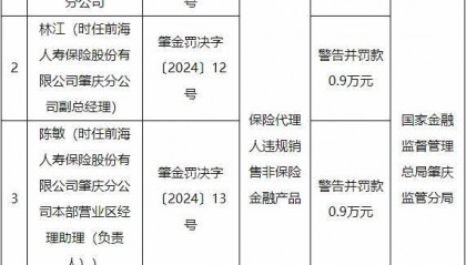 前海人寿肇庆分公司被罚 违规销售非保险金融产品