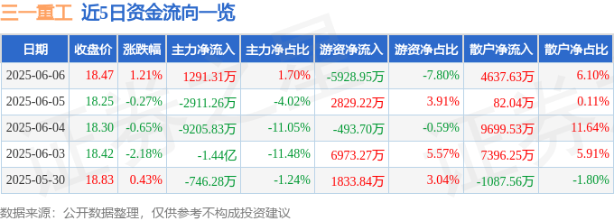 股票行情快报：三一重工（600031）6月6日主力资金净买入1291.31万元