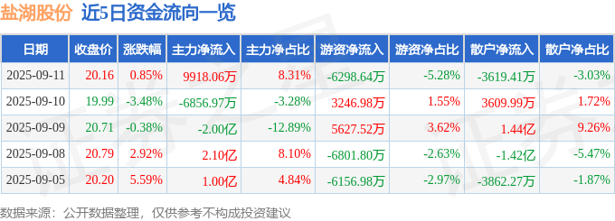 股票行情快报：盐湖股份（000792）9月11日主力资金净买入9918.06万元