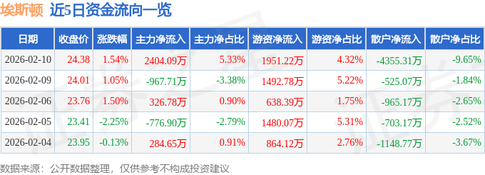 股票行情快报:埃斯顿(002747)2月10日主力资金净买入2404.09万元